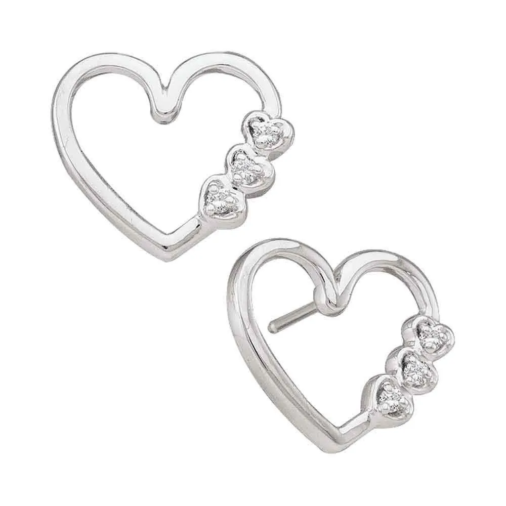 10K White Gold Round Diamond Simple Heart Screwback Earrings 1/12 Cttw