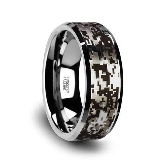Digital Camouflage Silver Tungsten Wedding Ring Beveled Polished Finish -  8mm