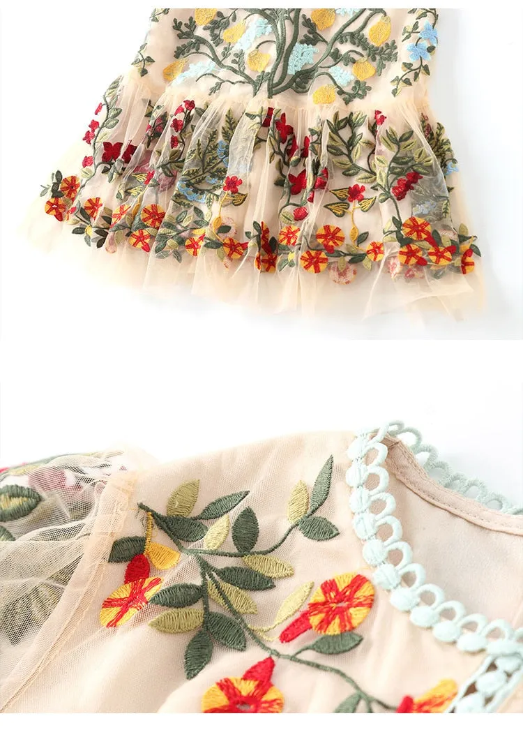 FRENCH RIVIERA Resort Wear Flare Sleeve Floral Embroidery Mesh Mini Dress