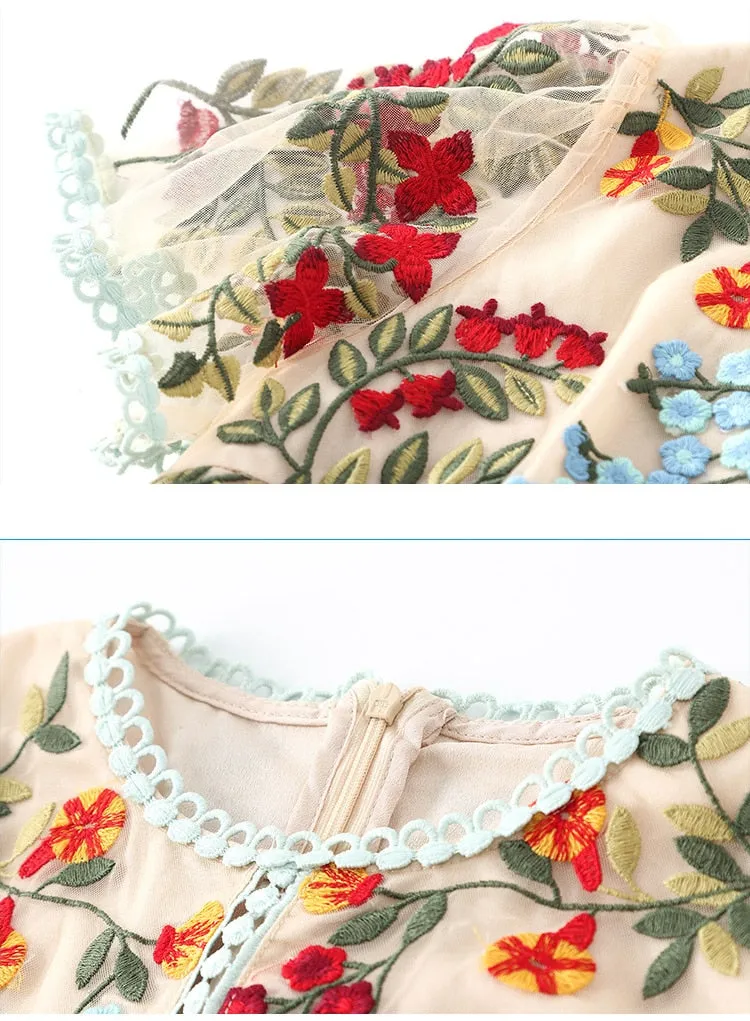 FRENCH RIVIERA Resort Wear Flare Sleeve Floral Embroidery Mesh Mini Dress