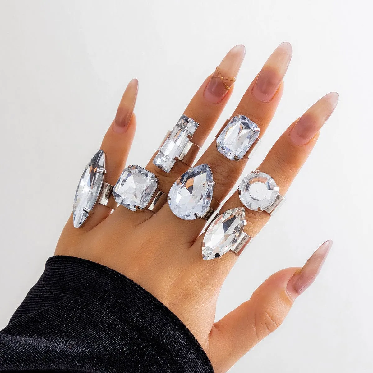 Geometric 7 Pieces Chunky Squar Waterdrop Crystal Rings Set