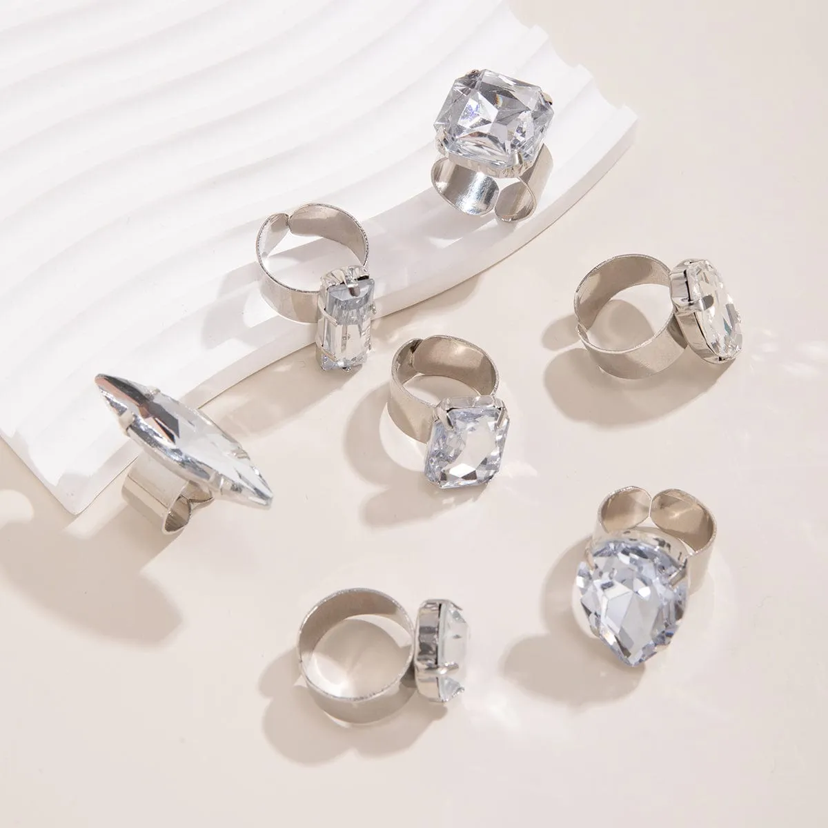 Geometric 7 Pieces Chunky Squar Waterdrop Crystal Rings Set