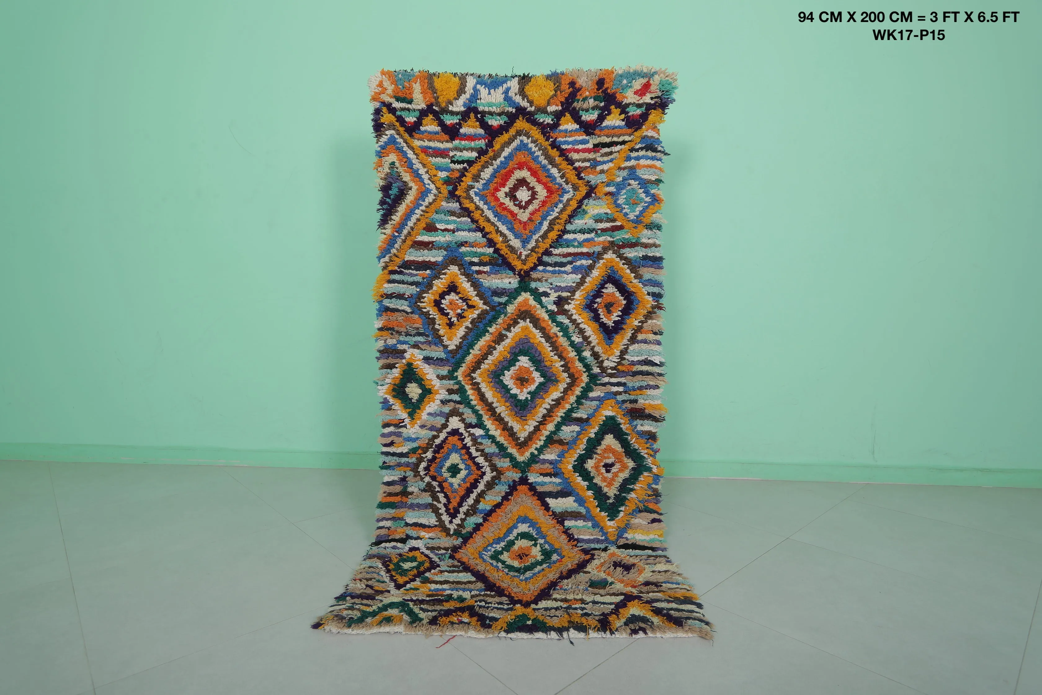 Moroccan Boucherouite Rug - 3x6.5 ft | Handwoven Geometric Design