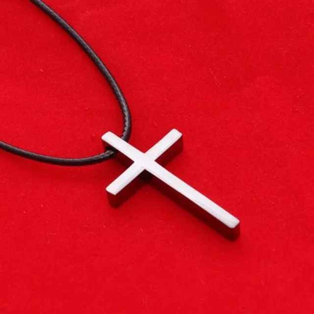 Simple Cross Pendent Necklace Black Leather Jewelry Women Men