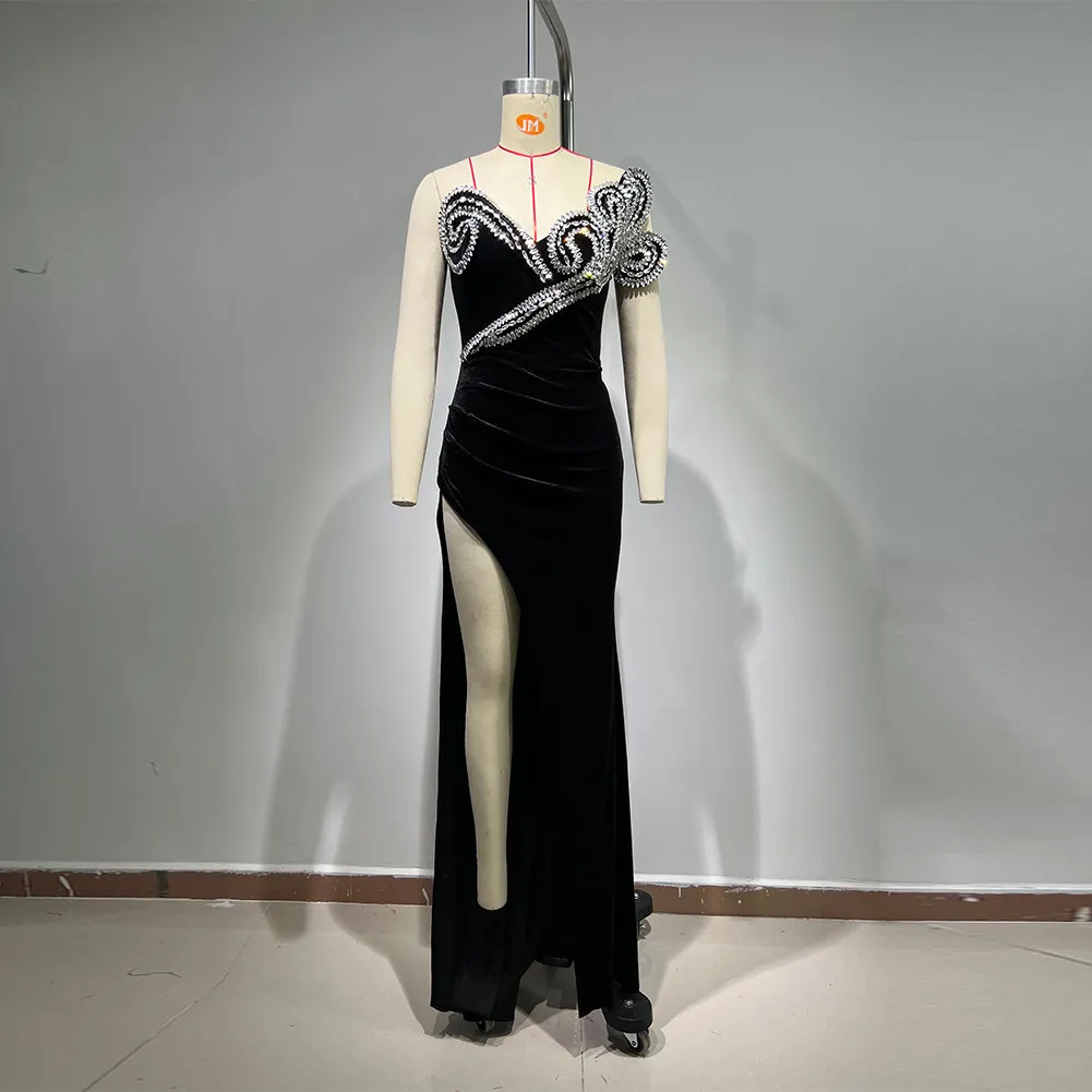 Strapless Sleeveless Rhinestone Maxi Bodycon Dress HT10590