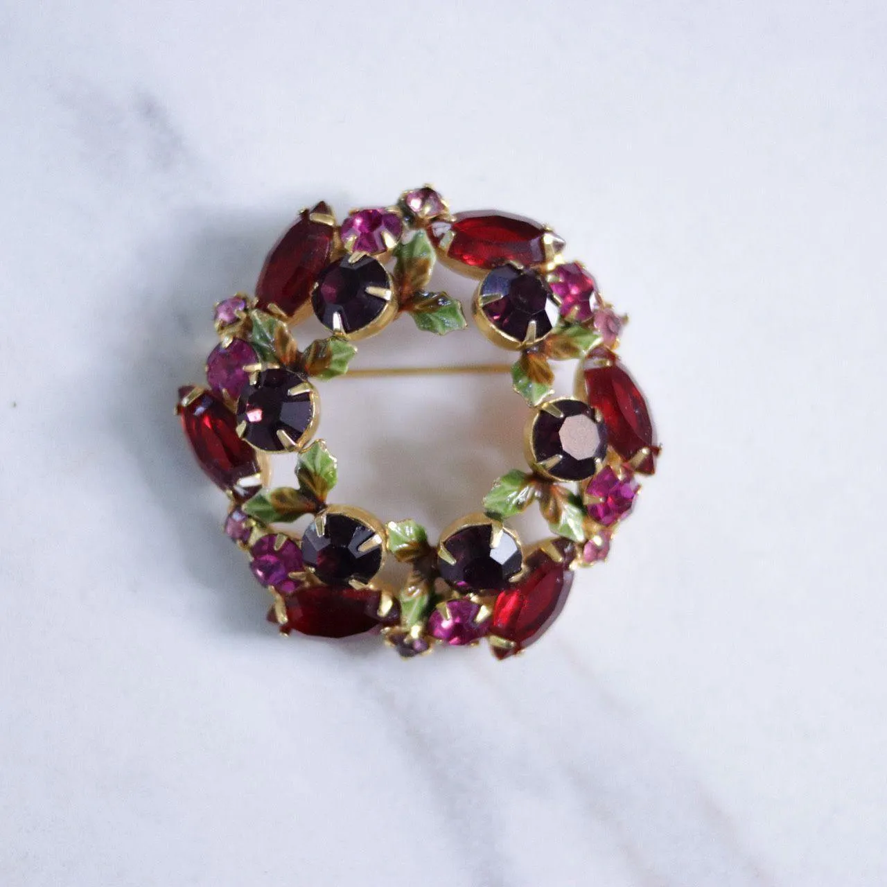 Vintage Red and Pink Rhinestone Brooch