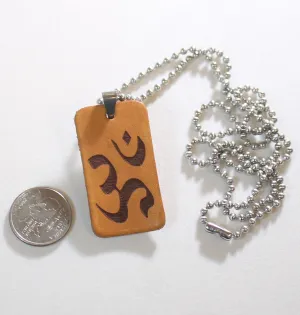 YOGA OM AUM HINDUISM SYMBOL LEATHER DOG TAG PENDANT STAINLESS STEEL BALL CHAIN NECKLACE